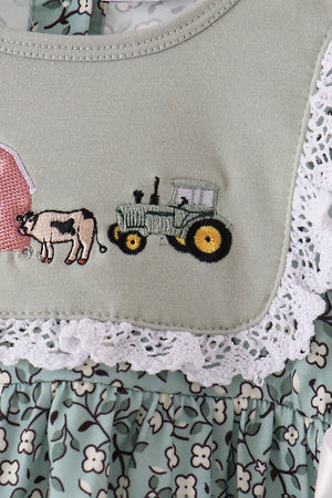 Green Farm Floral Embroidery Ruffle Bubble