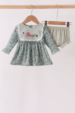 Green Farm Floral Embroidery Ruffle Bloomer Set