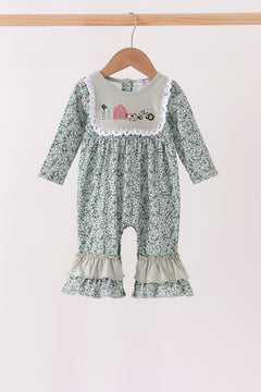 Green Farm Floral Embroidery Ruffle Romper