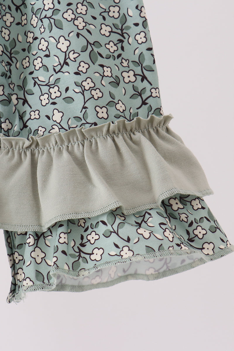 Green Farm Floral Embroidery Ruffle Romper