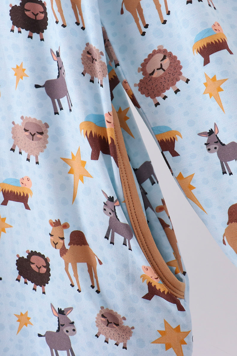 Blue Nativity Ruffle Bamboo Mom Dress