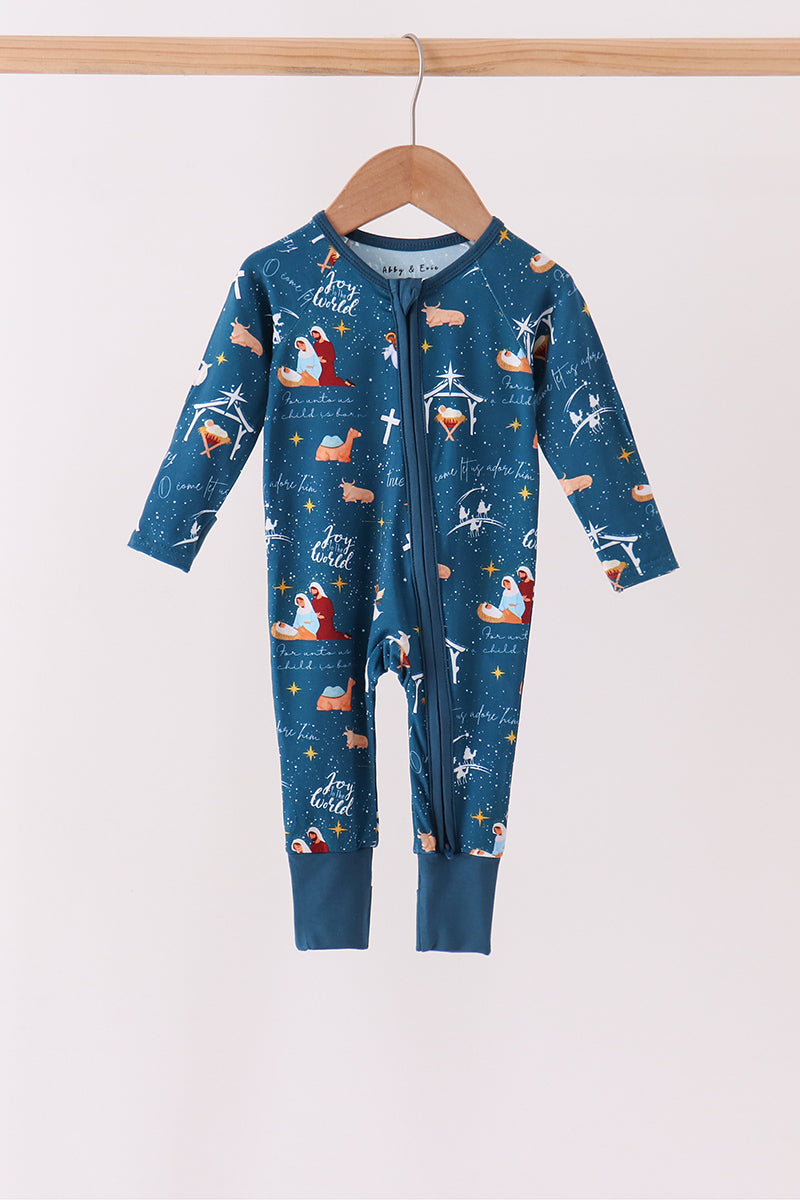 Navy Nativity Zip Bamboo Romper