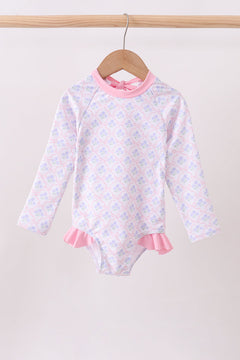 Pink floral print ruffle rashguard