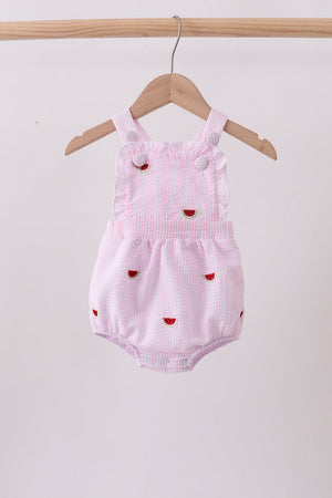 Pink stripe watermelon embroidery seersucker ruffle bubble