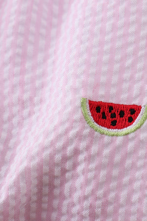 Pink stripe watermelon embroidery seersucker ruffle bubble