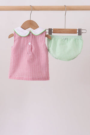 Red stripe watermelon embroidery seersucker bloomer set
