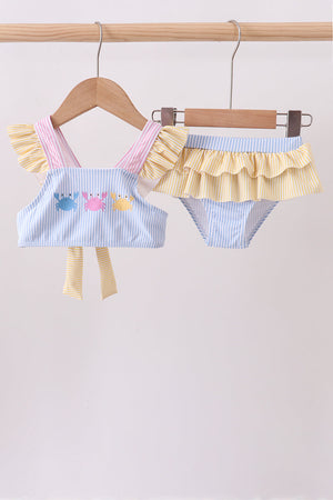 Colorblock crab embroidery ruffle 2pc swimsuit
