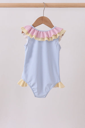 Colorblock crab embroidery ruffle swimsuit