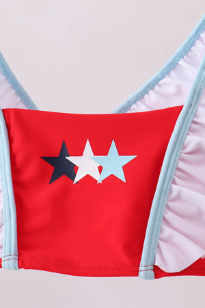 Red star embroidery ruffle 2pc swimsuit