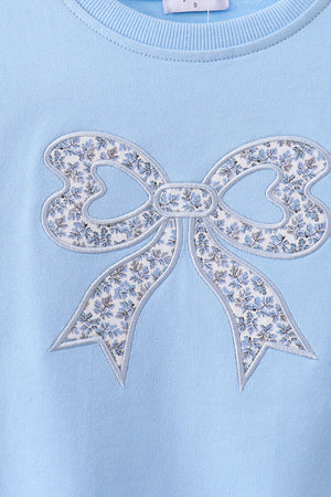 Blue Floral Bow Embroidery Top