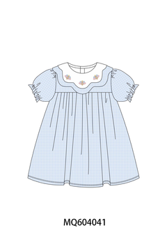 Blue turkey embroidery checkered dress
