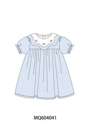 Blue turkey embroidery checkered dress