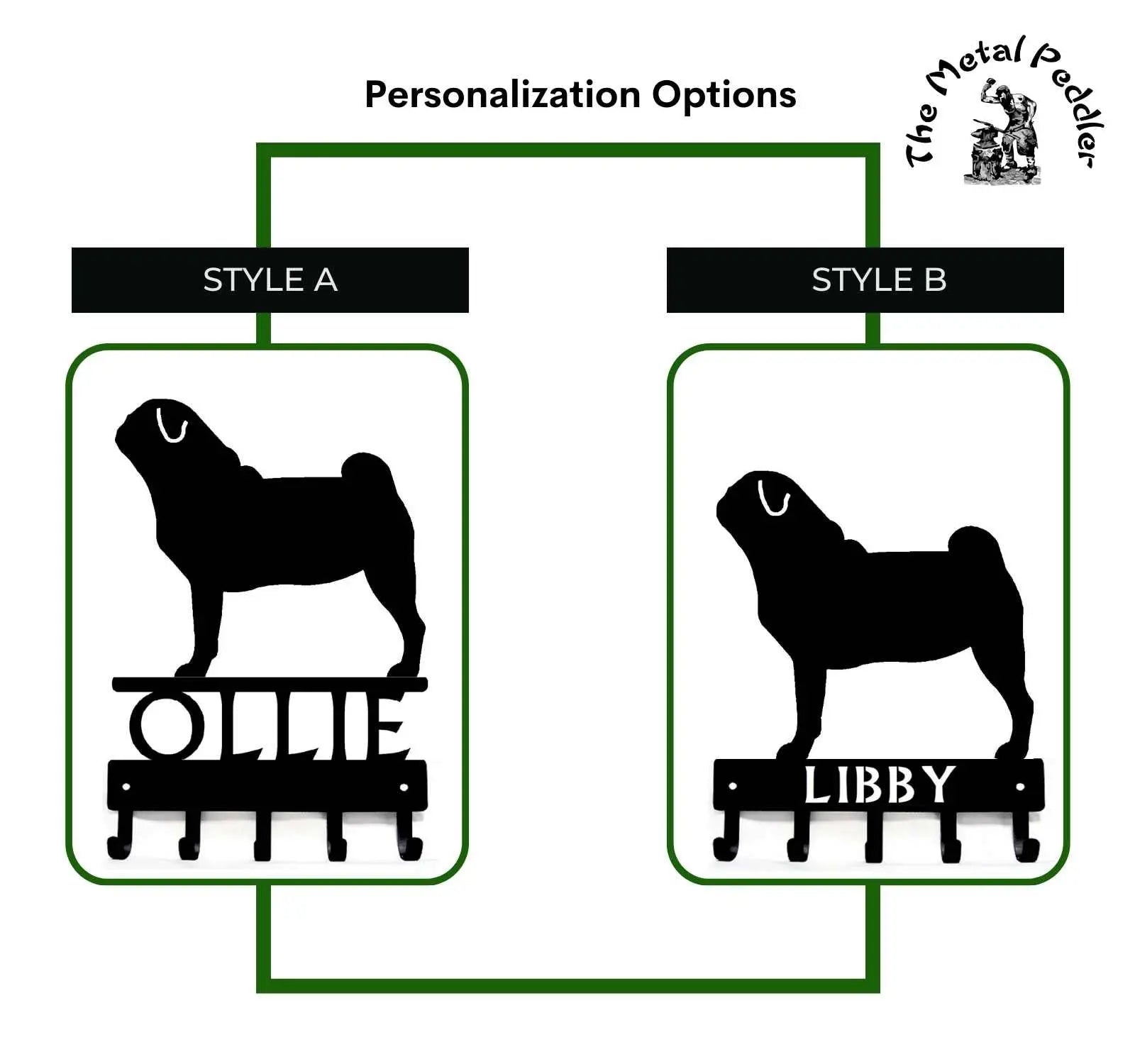 Pug Dog Personalized Key and Leash Holder -  5 Hooks