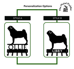 Pug Dog Personalized Key and Leash Holder -  5 Hooks
