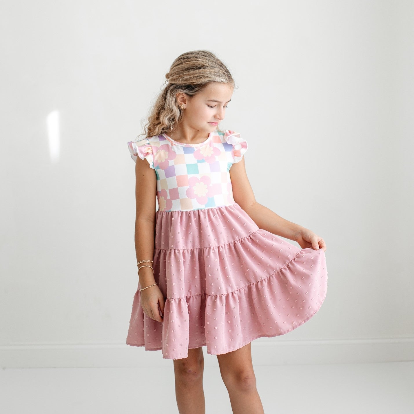 Ella Pink Check Swiss Dot Dress