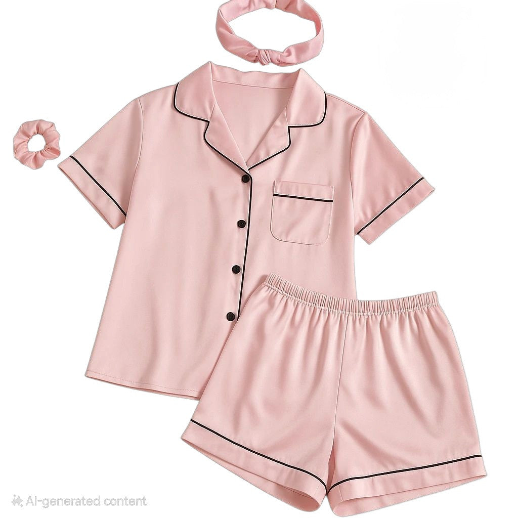 Women's Pink Silk Pajamas Set Short Sleeve Sleepwear Satin Button Down Pj Sets 4Pcs Pjs Shorts Hairband Hair Loop