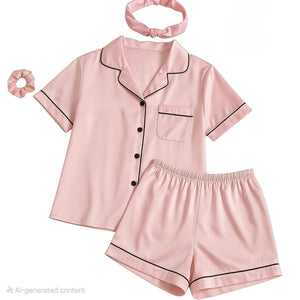 Women's Pink Silk Pajamas Set Short Sleeve Sleepwear Satin Button Down Pj Sets 4Pcs Pjs Shorts Hairband Hair Loop