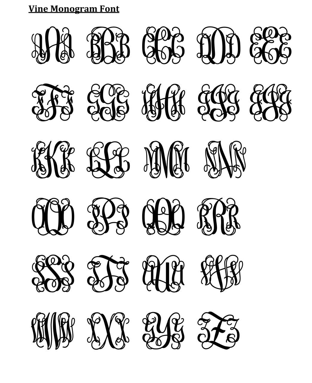 Vine Monogram Font Sample Letters