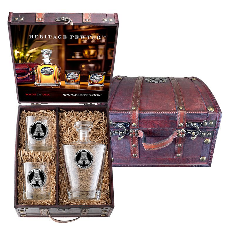 Appalachian State University Royal Decanter and 2 Glasses with Chest Box