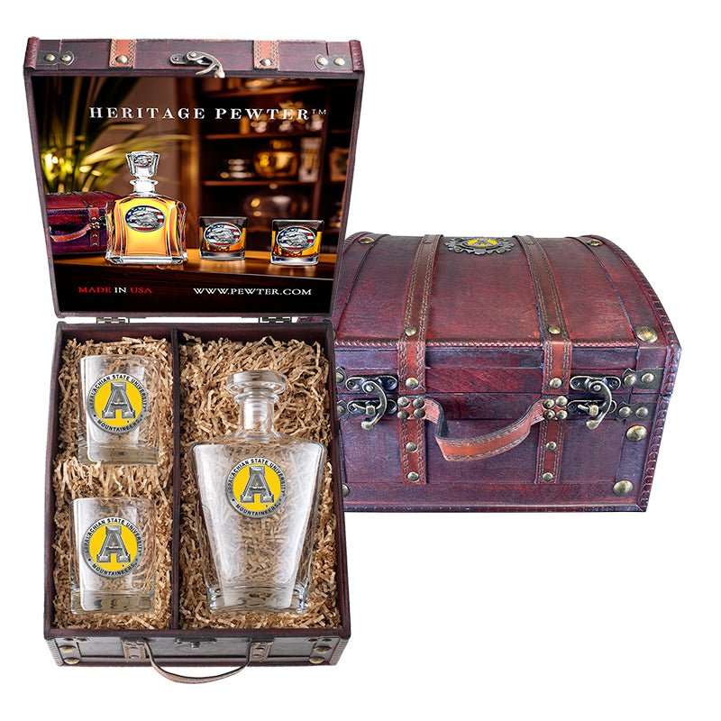 Appalachian State University Royal Decanter and 2 Glasses with Chest Box