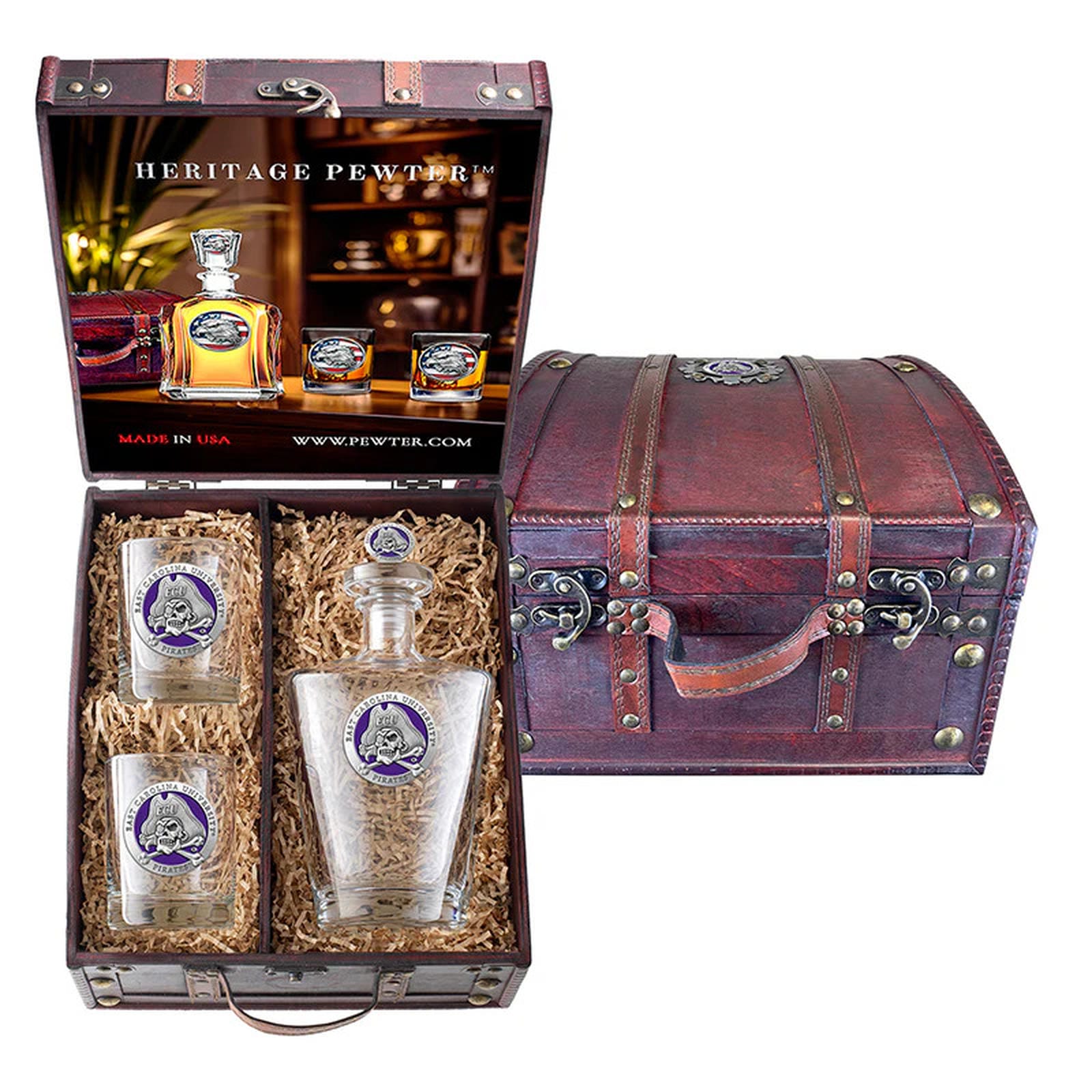 East Carolina University Royal Decanter with 3D Top and 2 Glasses w/ Chest Box