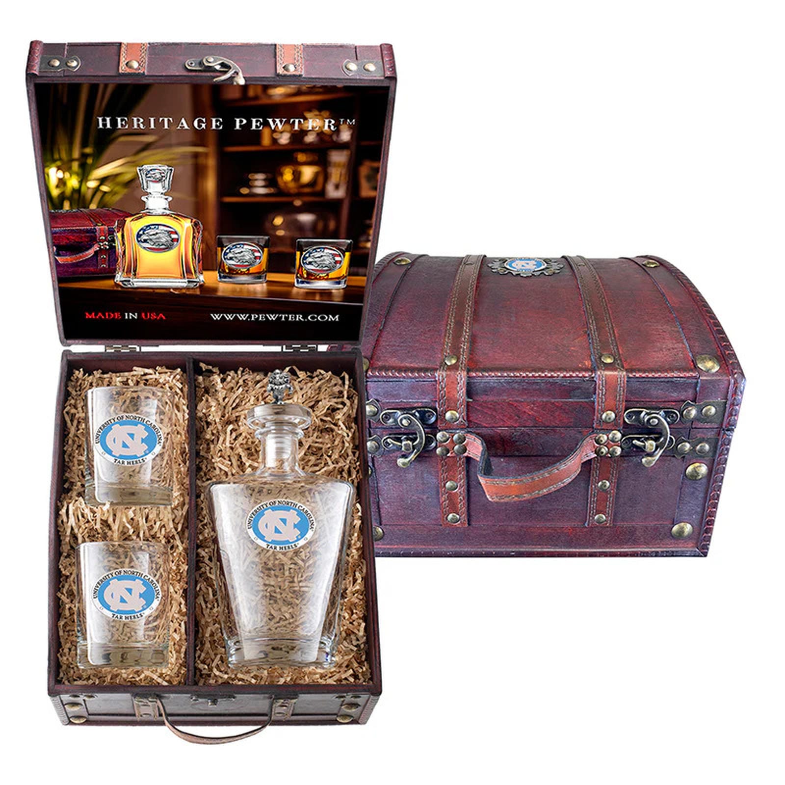 University of North Carolina Royal Decanter with 3D Top and 2 Glasses w/ Chest Box