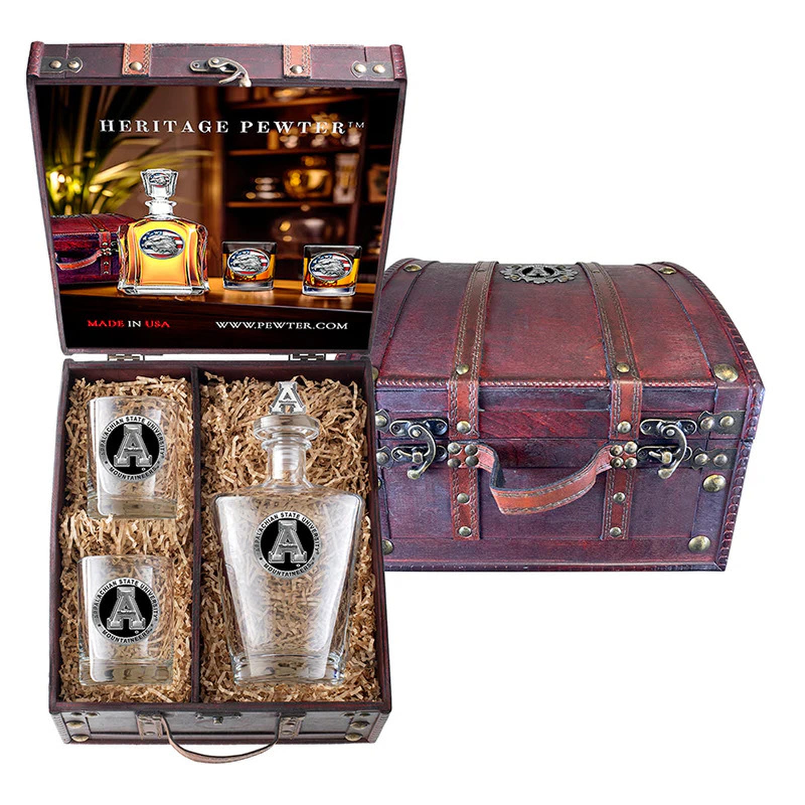 Appalachian State University Royal Decanter with 3D Top and 2 Glasses w/ Chest Box
