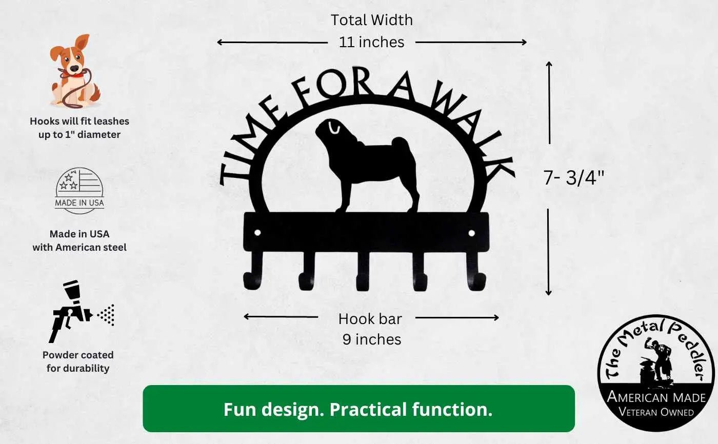 Pug TIME FOR A WALK Dog Key Rack & Leash Holder