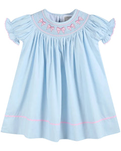 Blue and Pink Bow Smocked Bishop Dress
