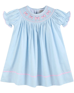 Blue and Pink Bow Smocked Bishop Dress