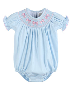 Blue and Pink Bow Smocked Bubble Romper