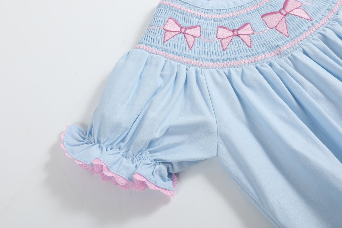 Blue and Pink Bow Smocked Bubble Romper