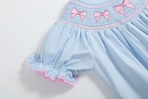 Blue and Pink Bow Smocked Bubble Romper