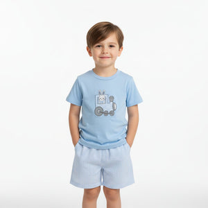 Blue Train T-Shirt and Seersucker Shorts Set