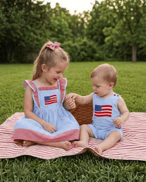 Blue Gingham American Flag Pocket Shortalls