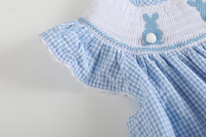 Blue Gingham Bunny Smocked Bishop Dress