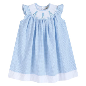 Blue Gingham Bunny Smocked Bishop Dress