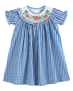 Blue Gingham Pumpkin Smocked Ruffle Bishop Dress