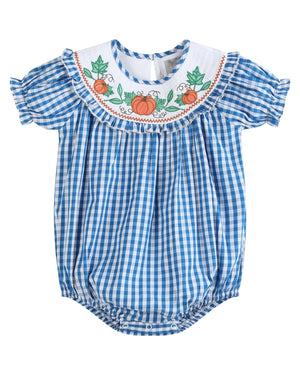 Blue Gingham Pumpkin Smocked Ruffle Bubble Romper