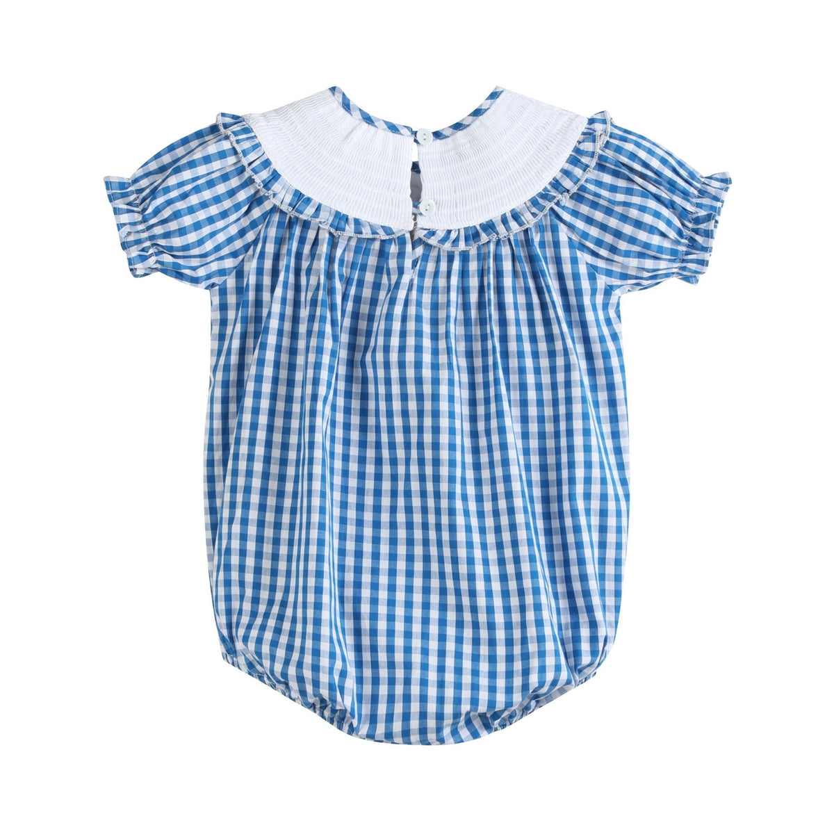 Blue Gingham Pumpkin Smocked Ruffle Bubble Romper