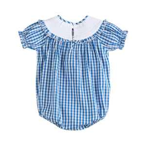 Blue Gingham Pumpkin Smocked Ruffle Bubble Romper