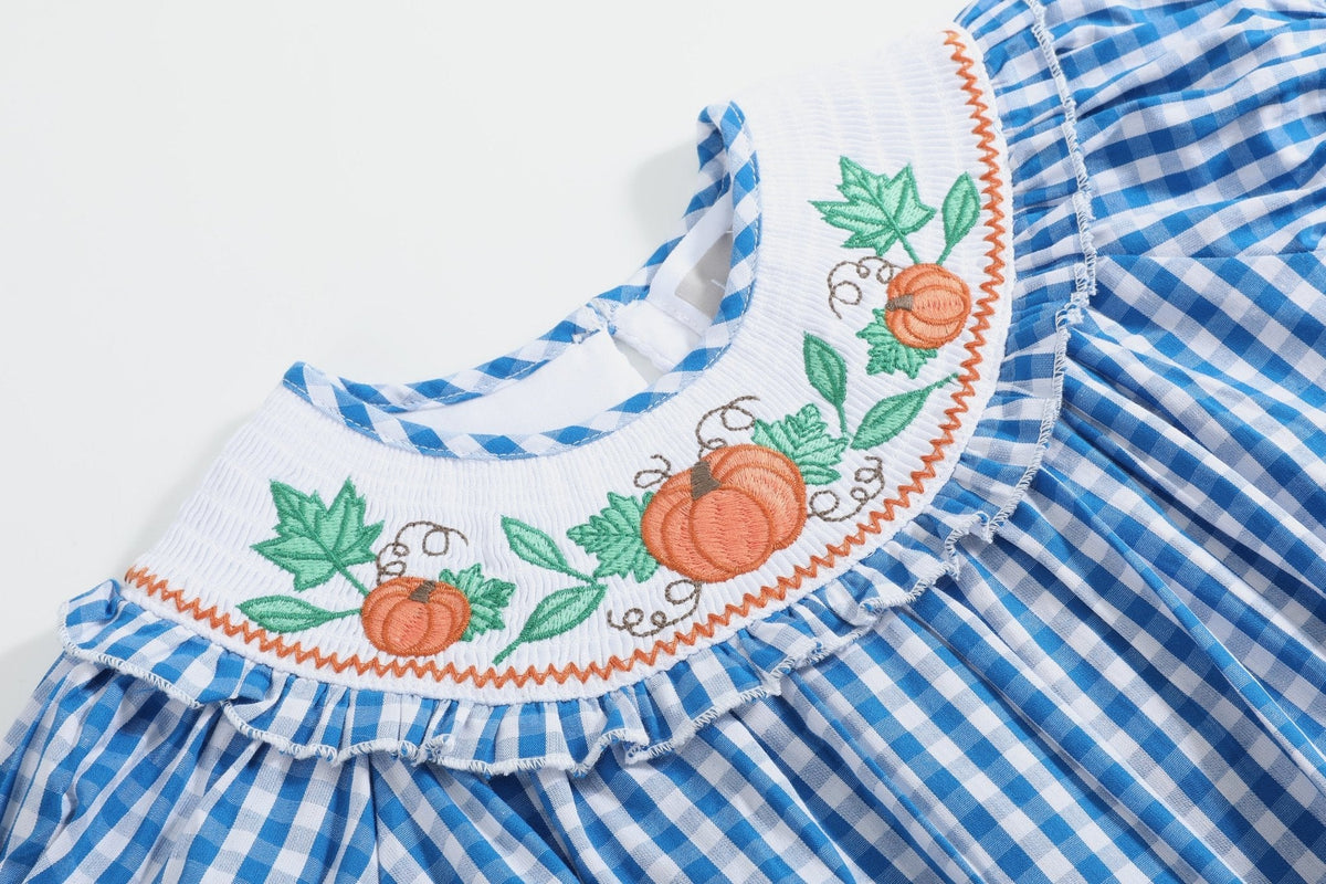 Blue Gingham Pumpkin Smocked Ruffle Bubble Romper