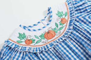 Blue Gingham Pumpkin Smocked Ruffle Bubble Romper