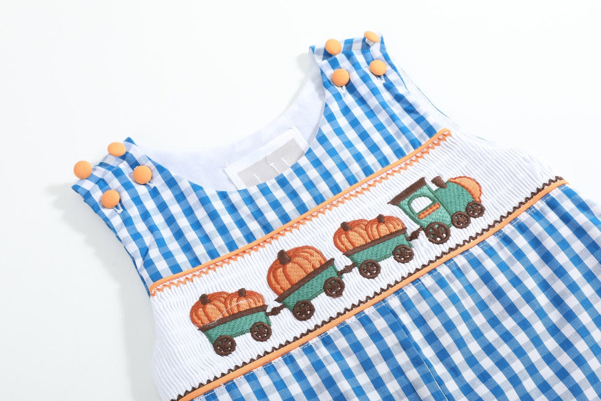 Blue Gingham Pumpkin Train Smocked Longall