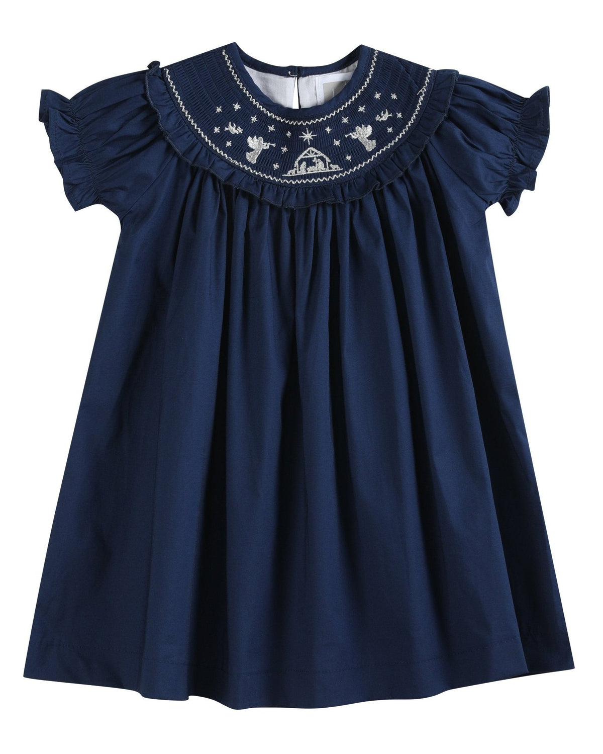 Blue Nativity Smocked Ruffle Bishop Dress