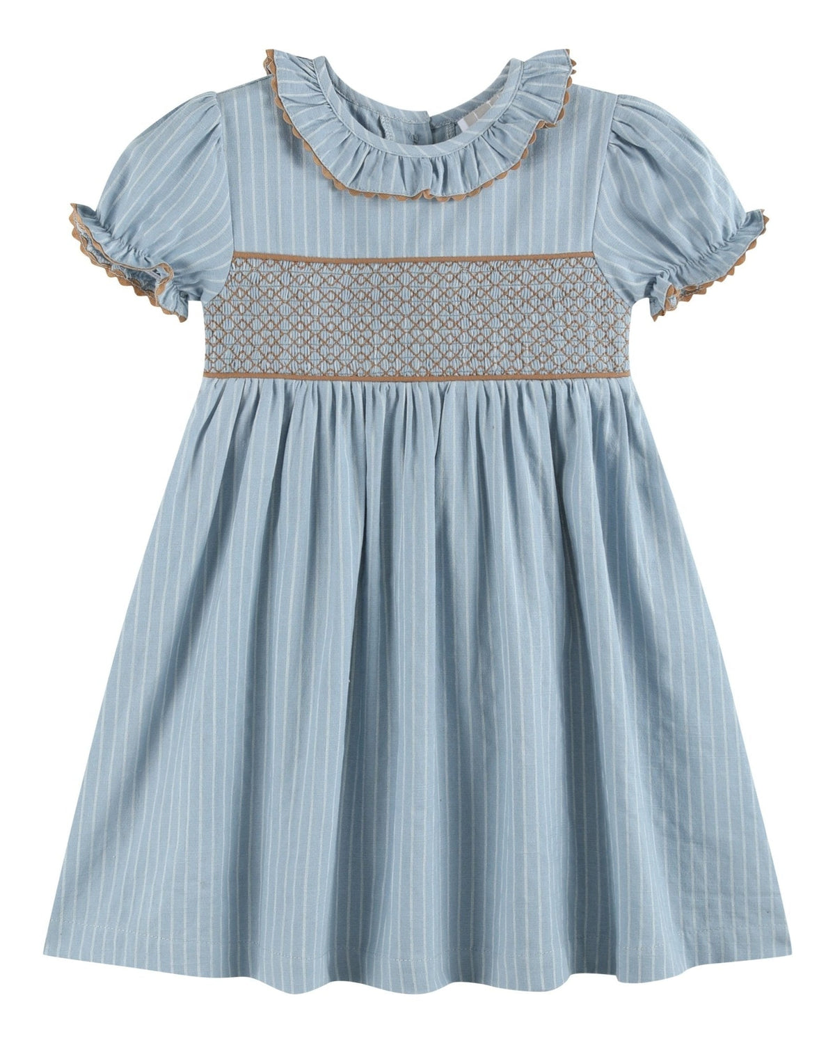 Blue Pinstripe Brown Smocked Ruffle Collar Dress