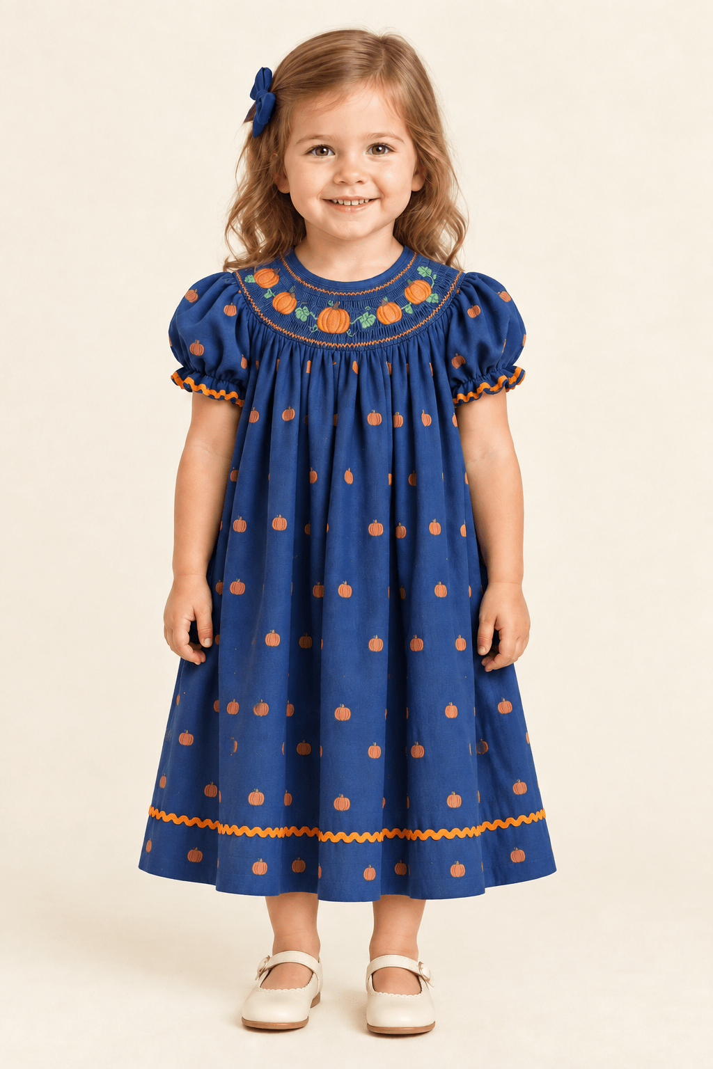 Blue Pumpkin Print Knit Smocked Bishop Dress