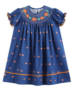 Blue Pumpkin Print Knit Smocked Bishop Dress