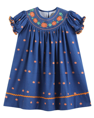 Blue Pumpkin Print Knit Smocked Bishop Dress