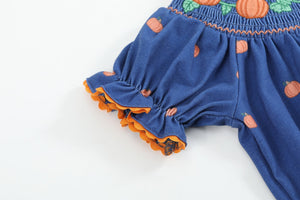 Blue Pumpkin Print Knit Smocked Bubble Romper
